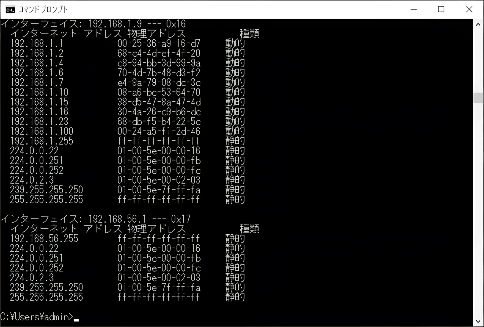 コマンドプロンプトでIPアドレスとMACアドレスのリストを表示する方法！ - ShopDD